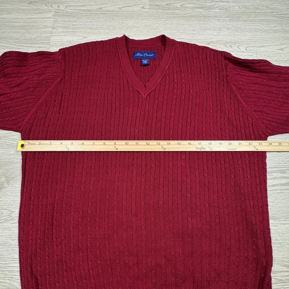 Alan Flusser Men's Sweater V-Neck Burgundy Red Large 100% Cotton Cable Knit - Picture 3 of 6